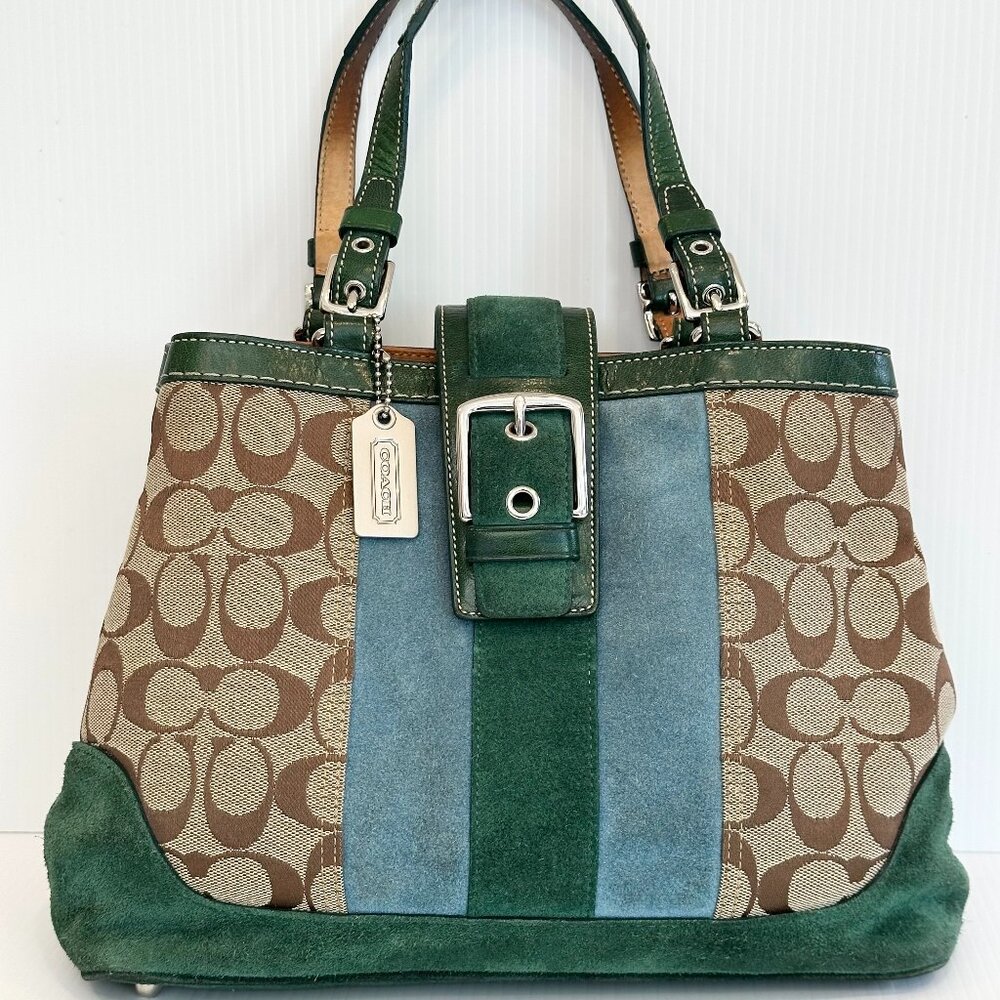 COACH Hamptons Buckle Satchel Brown Signature Canvas with Blue & Green Suede